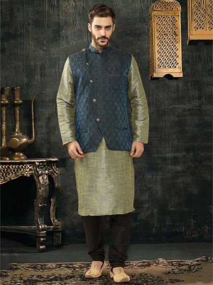 Blue Colour Silk Kurta Pajama Jacket.