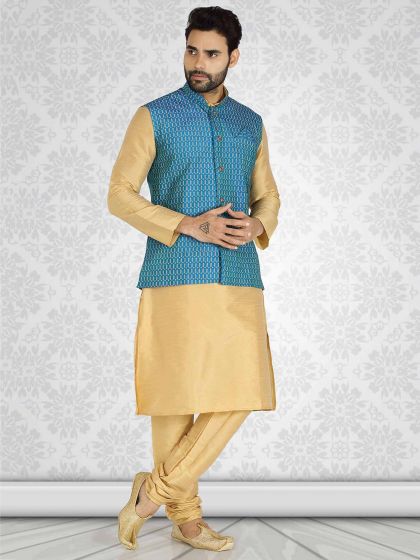 Golden Colour Silk Fabric Designer Kurta Pajama Jacket.
