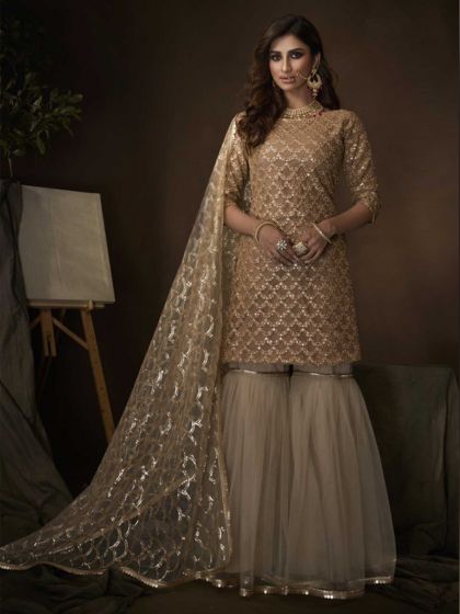 Soft Net Beige Colour Designer Sharara Salwar Suit.