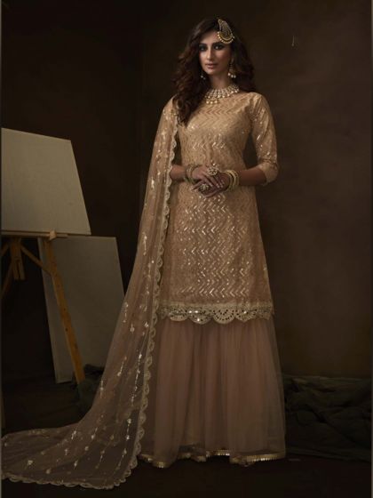 Beige Colour Net Designer Sharara Salwar Suit.