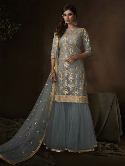 Grey Colour Soft Net Sharara Salwar Kameez with Sequin,Zari Work.