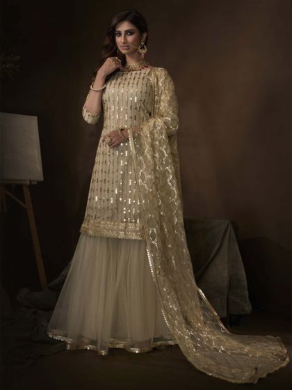 Beige Colour Soft Net Sharara Salwar Kameez.