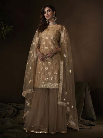 Beige Colour Soft Net Party Wear Sharara Salwar Suit.