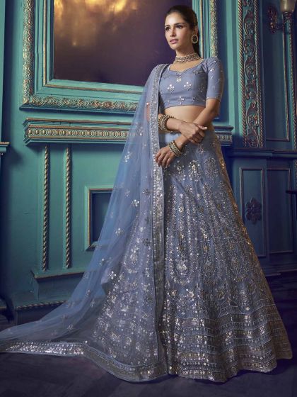 Grey Colour Net Lehenga Choli with Sequin,Thread Work.