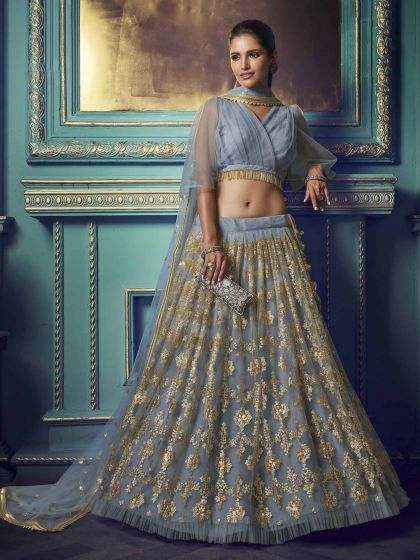 Gry Colour Women Designer Lehenga in Net Fabric.