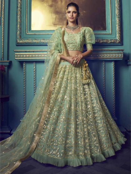 Green Lehenga Choli In Net Fabric With Sequin Work.