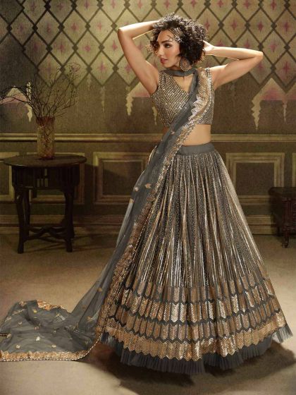 Grey in Net Fabric Women Lehenga With Sequin Work.