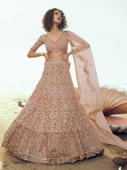 Peach Colour Lehenga in Net Fabric With Sequin,Thread Work.