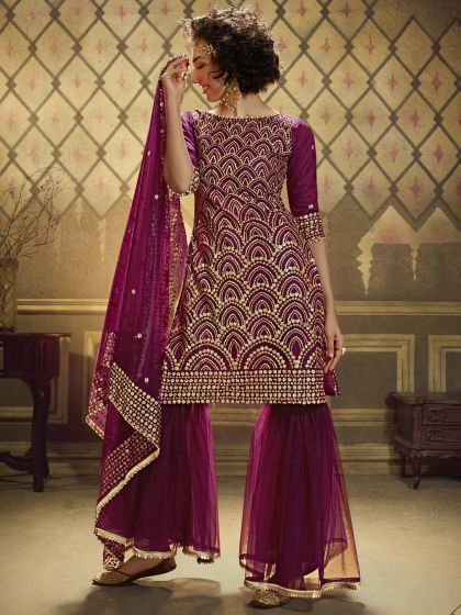 Wine Colour Designer Sharara Salwar Suit.