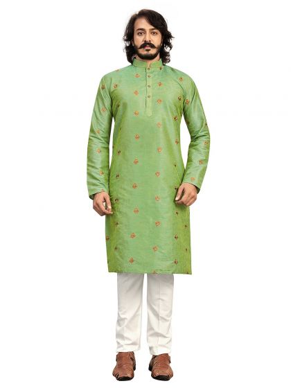 Green Colour Art Silk Kurta Pajama With Embroidery Work.
