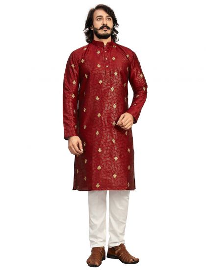 Maroon Colour Art Silk Men's Kurta Pajama.