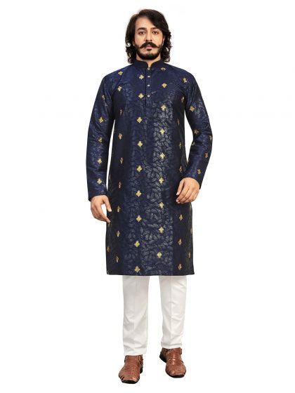 Art Silk Navy Blue Kurta Pajama.