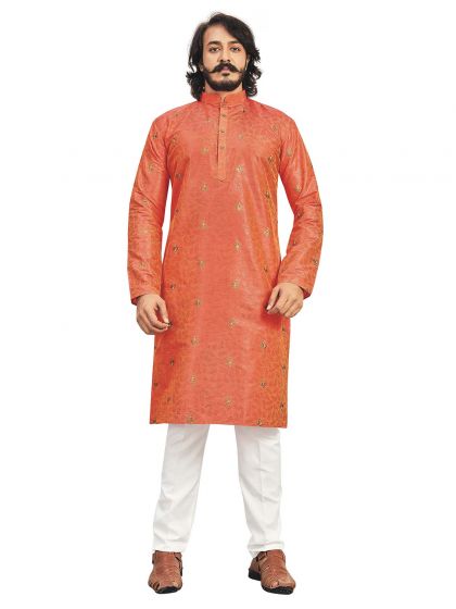 Orange Colour Art Silk Traditionl Kurta Pajama.