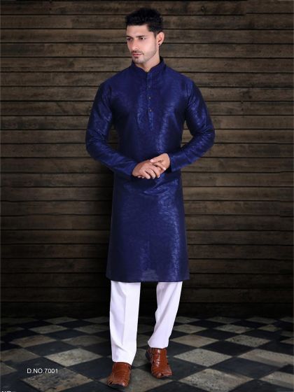 Navy Blue Colour Art Silk Party Wear Kurta Pajama.