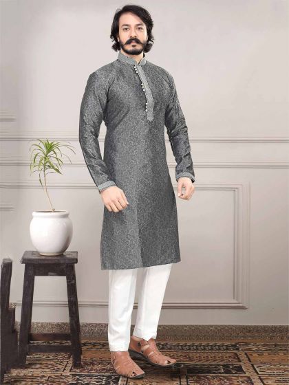 Grey Colour Silk,Jacquard Kurta Pajama.