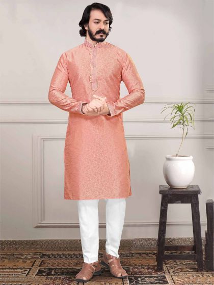 Peach in Jacquard,Silk Kurta Pajama With Embroidery Work.