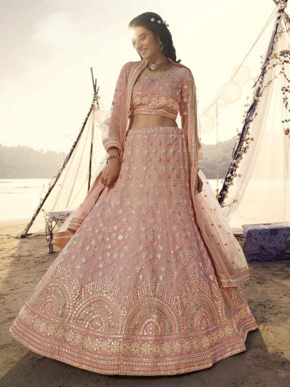 Peach Colour Organza Fabric Lehenga Choli.