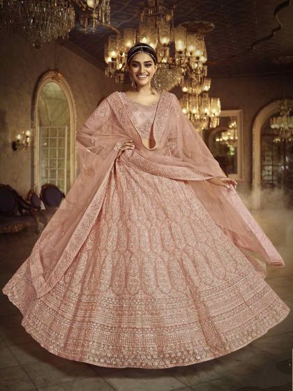 Peach Colour Net Indian Designer Lehenga.