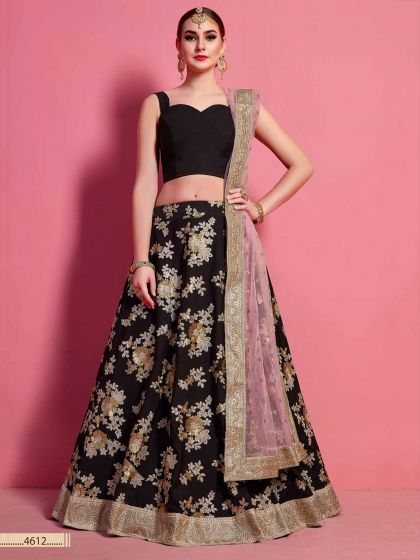Black Colour Silk Embroidered Lehenga Choli.