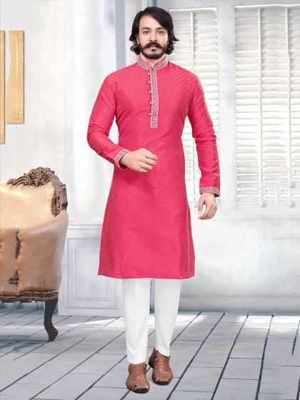 Silk,Jacquard Kurta Pajama in Pink Colour.