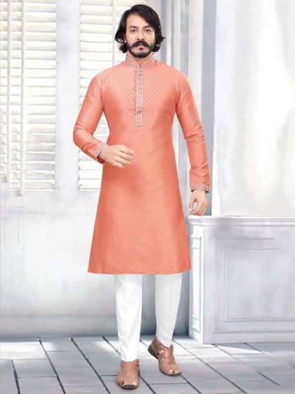 Rust Colour Silk,Jacquard Kurta Pajama With Embroidery Work.