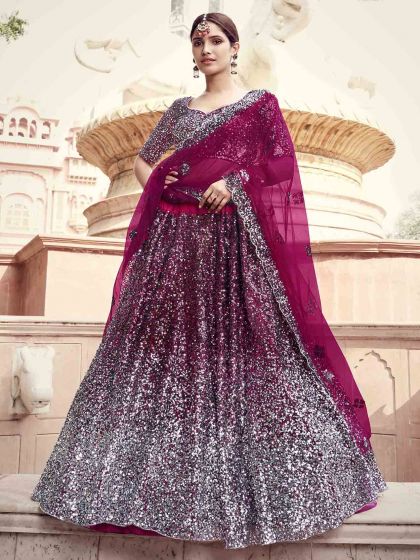 Wine Colour Net Designer Lehenga Choli.