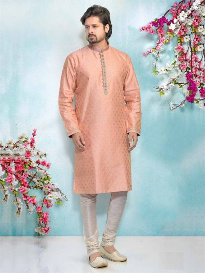 Pink Colour Brocade Silk Men's Kurta Pajama.