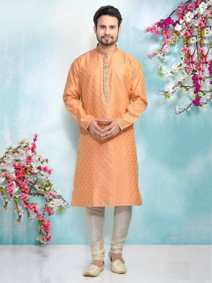 Brocade Silk Kurta Pajama in Pintux Work With Peach Colour.