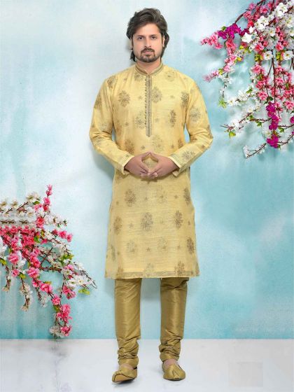 Jacquard,Brocade Silk Men's Kurta Pajama in Golden Colour.