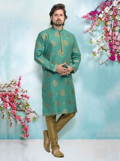 Brocade Silk Men's Kurta Pajama in Green Colour.