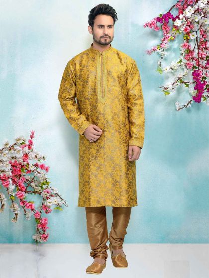 Golden Colour Indian Designer Kurta Pajama in Brocade Silk Fabric.