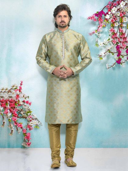 Jacquard,Brocade Silk Men's Kurta Pajama in Pista Green Colour.