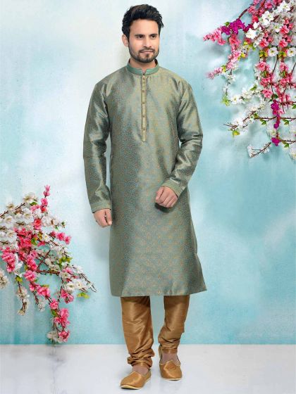 Sea Blue Colour Brocade Silk Kurta Pajama.