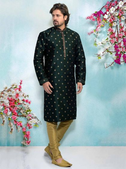 Dark Green Colour Jacquard,Brocade Silk Kurta Pajama.