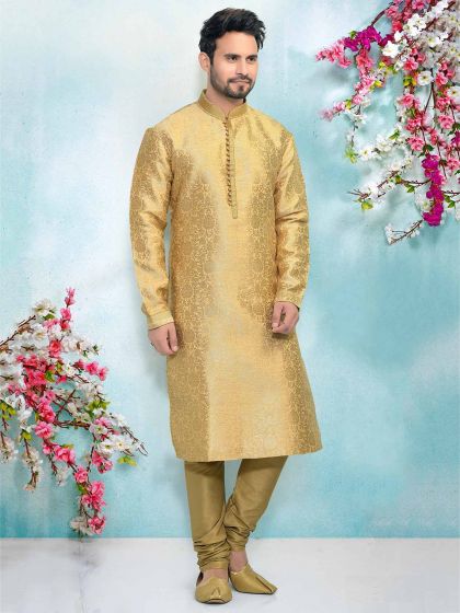 Golden Colour Brocade Silk Men's Kurta Pajama.