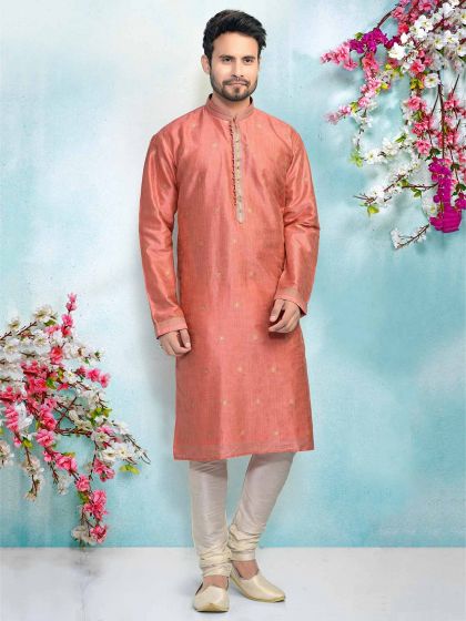 Pink Colour Brocade Silk Kurta Pajama.