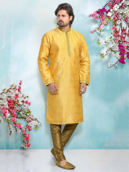 Yellow Colour Jacquard,Brocade Silk Kurta Pajama.