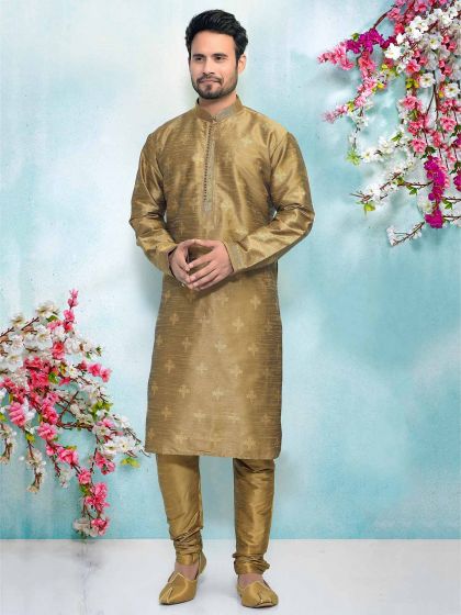 Brown Colour Men's Kurta Pajama in Brocade Silk Fabric.