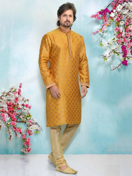 Yellow Colour Brocade Silk Men's Kurta Pajama.