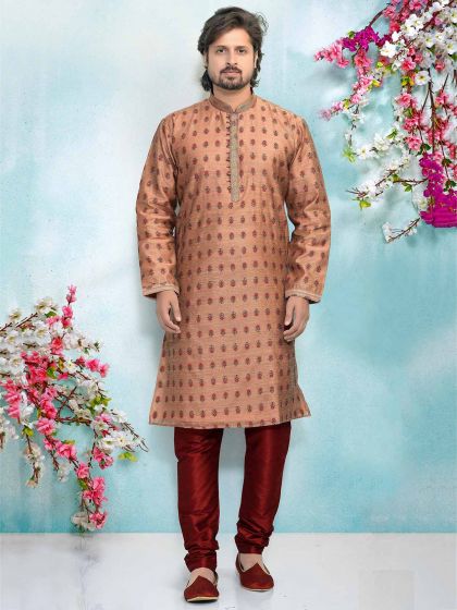 Peach Colour Brocade Silk Men's Kurta Pajama.