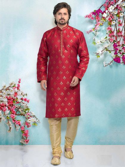 Rani Pink Colour Jacquard,Brocade Silk Men's Kurta Pajama.