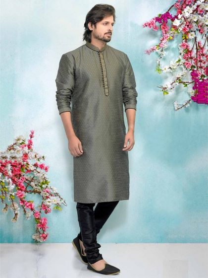 Grey Men's Kurta Pajama in Brocade Silk Fabric.