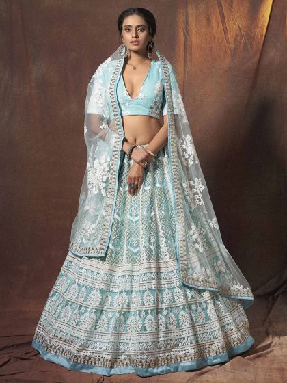 Turquoise Colour Net Designer Lehengas.