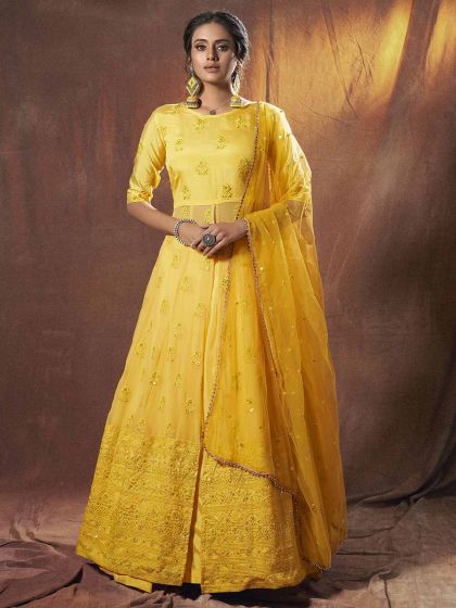 Georgette Wedding Lehenga Choli in Yellow Colour.