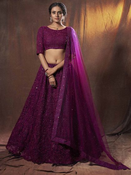 Wine Colour Net Party Wear Lehenga.