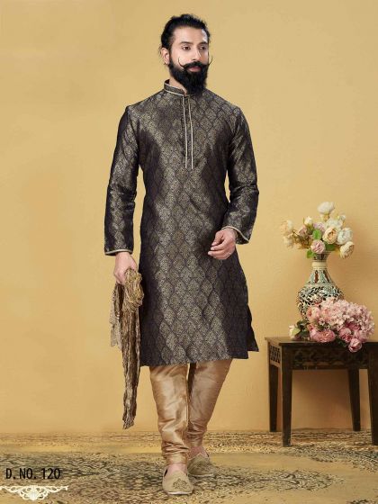 Jacquard,Silk Men's Kurta Pajama in Blue,Golden Colour.