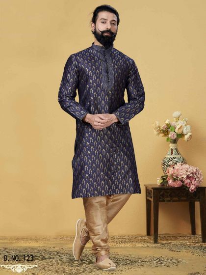 Blue Colour Jacquard,Silk Readymade Kurta Pajama.