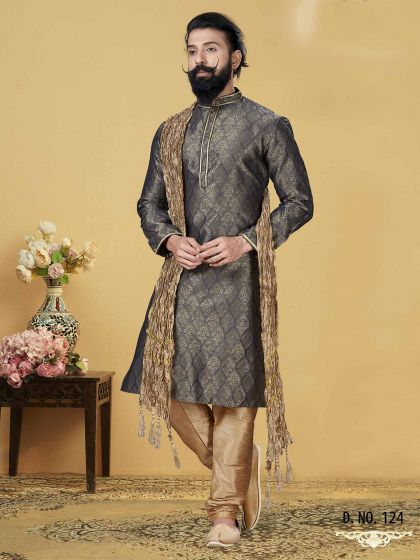 Jacquard,Silk Men's Kurta Pajama in Grey Colour.