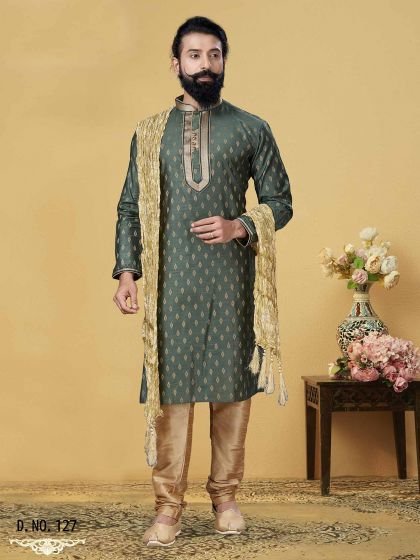 Designer Kurta Pajama Green Colour in Jacquard Silk Fabric.