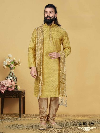 Mustard Yellow Colour Jacquard,Silk Kurta Pajama.
